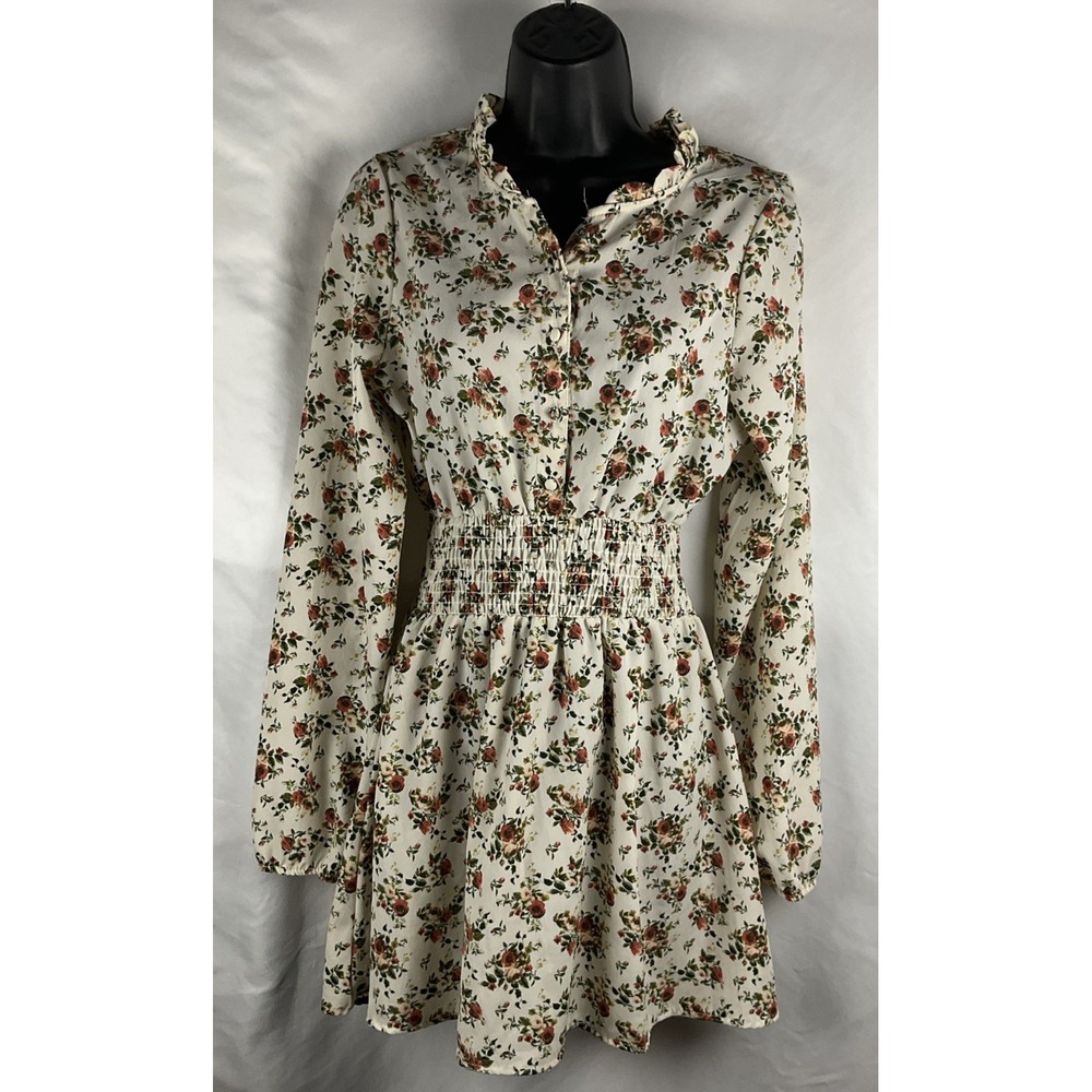 J For Justify Dress Size S Floral Long Sleeve Smocked Waist Button Ruffle Collar